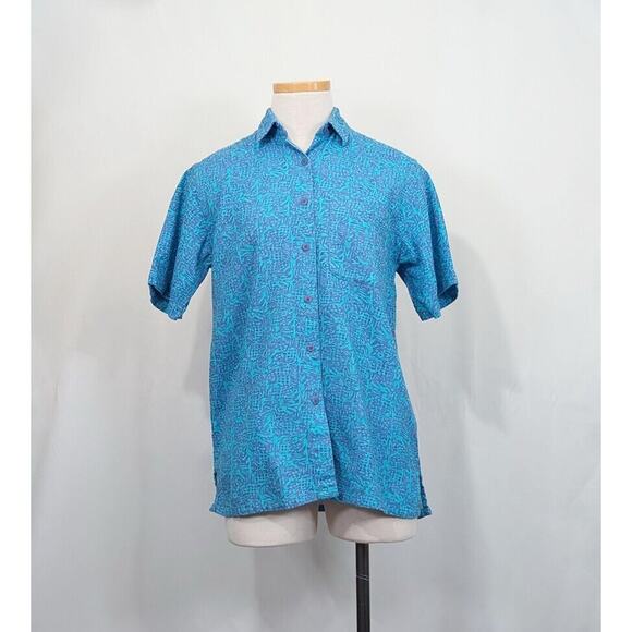 L.L. Bean Tops - Vintage 90s Blouse Blue Purple Print Top Shirt LL Bean Cool Weave Misses Size S